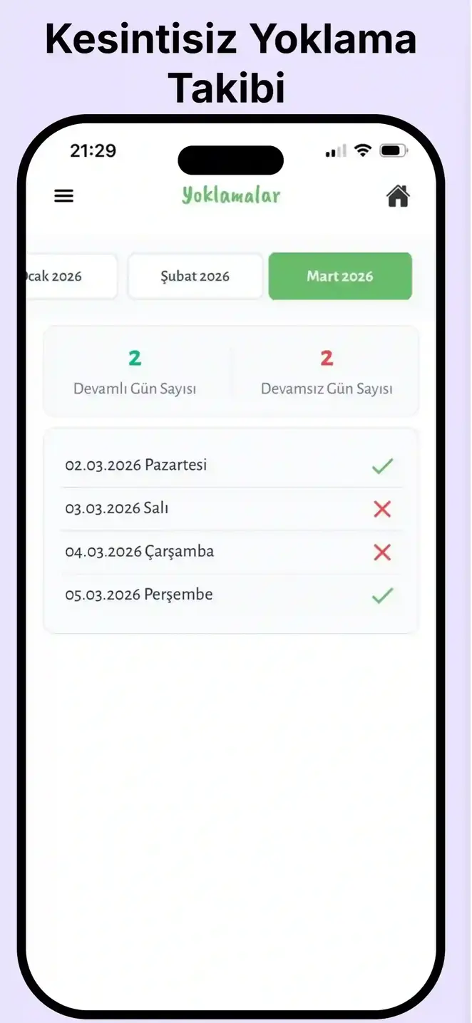 Kreş Uygulaması Kesintisiz Yoklama Takibi Ekranı
